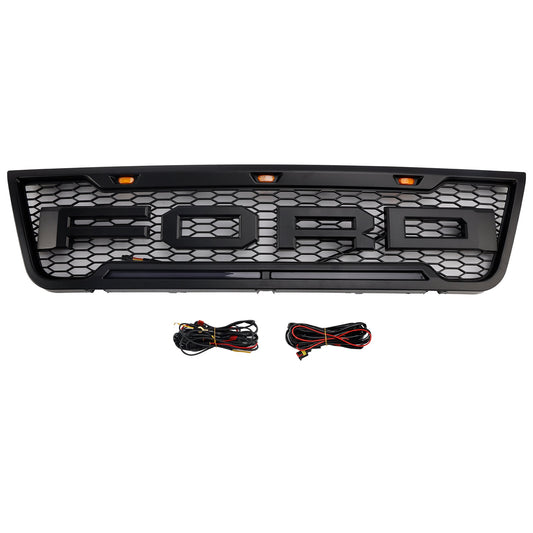 2003-2007 Ford E150 E250 E350 Grill Front Bumper Matte Black Replacement Grille W/ LED Light