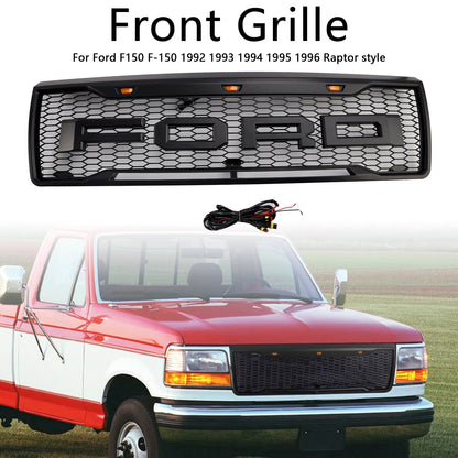 1992-1996 Ford F150 Matte Black Front Honeycomb Bumper Grille Grill W/ LED