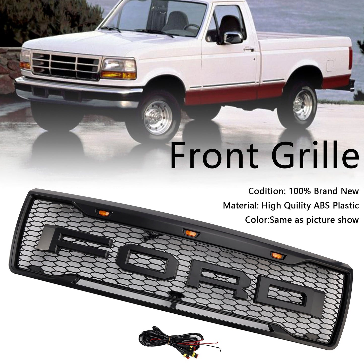 1992-1996 Ford F150 Matte Black Front Honeycomb Bumper Grille Grill W/ Led
