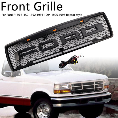 Ford F150 1992-1996 Matte Black Front Honeycomb Bumper Grille Grill W/ Led
