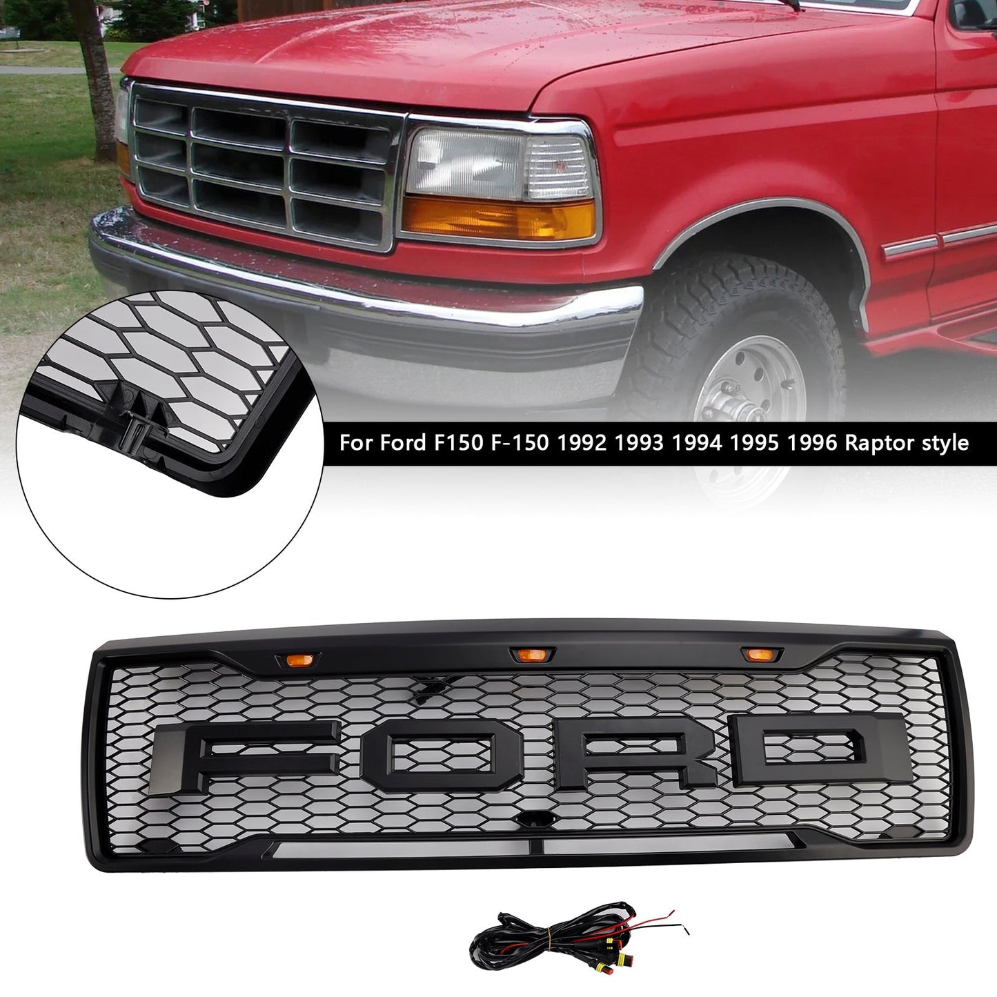 1992-1996 Ford F150 Matte Black Front Honeycomb Bumper Grille Grill W/ Led