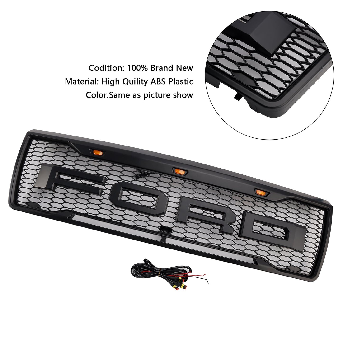 1992-1996 Ford F150 Front Grille Air Intake Radiator Honeycomb Black Bumper Raptor Grille With LED Light & Letter