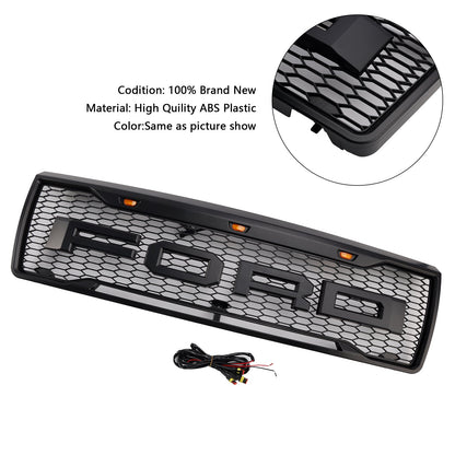 1992-1996 Ford F150 Front Grille Air Intake Radiator Honeycomb Black Bumper Raptor Grille With LED Light & Letter