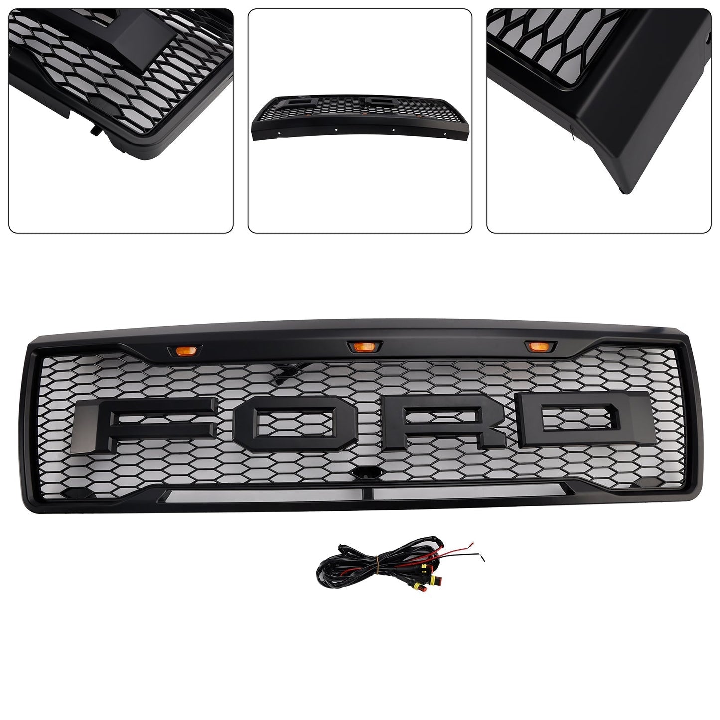 1992-1996 Ford F150 Matte Black Front Honeycomb Bumper Grille Grill W/ Led
