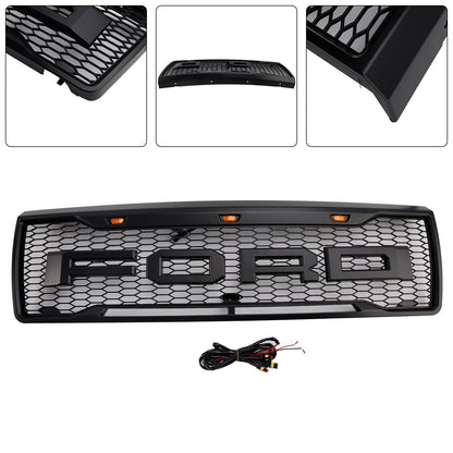 1992-1996 Ford F150 Front Grille Air Intake Radiator Honeycomb Black Bumper Raptor Grille With LED Light & Letter