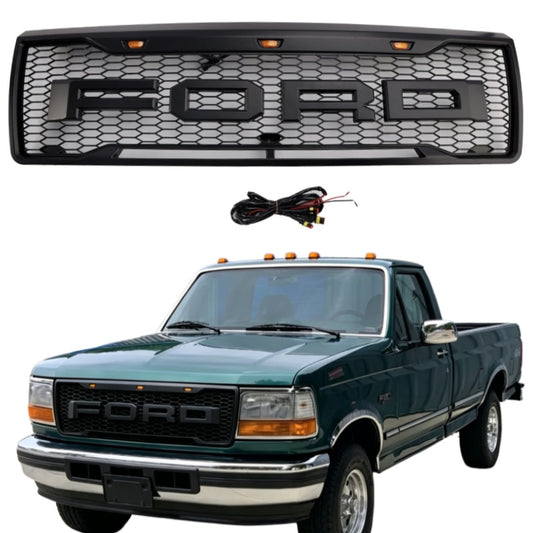 1992-1996 Ford F150 Matte Black Front Honeycomb Bumper Grille Grill W/ LED