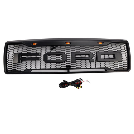 1992-1996 Ford F150 Front Grille Air Intake Radiator Honeycomb Black Bumper Raptor Grille With LED Light & Letter