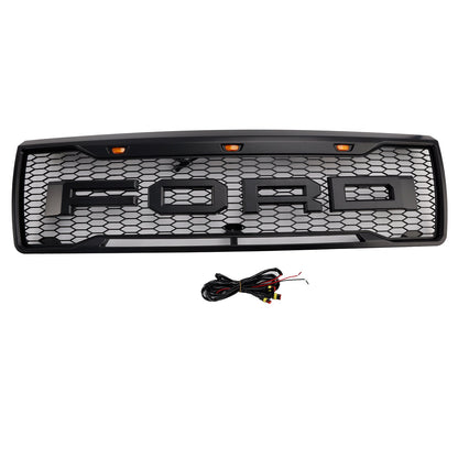 1992-1996 Ford F150 Matte Black Front Honeycomb Bumper Grille Grill W/ Led