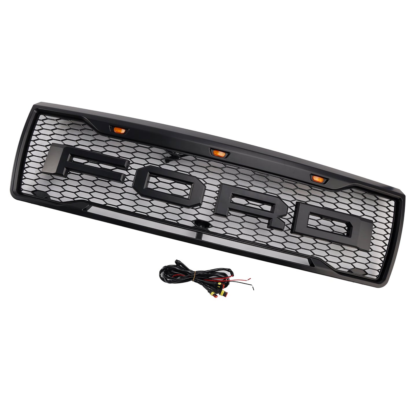 Ford F150 1992-1996 Matte Black Front Honeycomb Bumper Grille Grill W/ Led