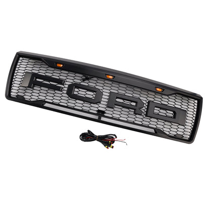 1992-1996 Ford F150 Matte Black Front Honeycomb Bumper Grille Grill W/ LED