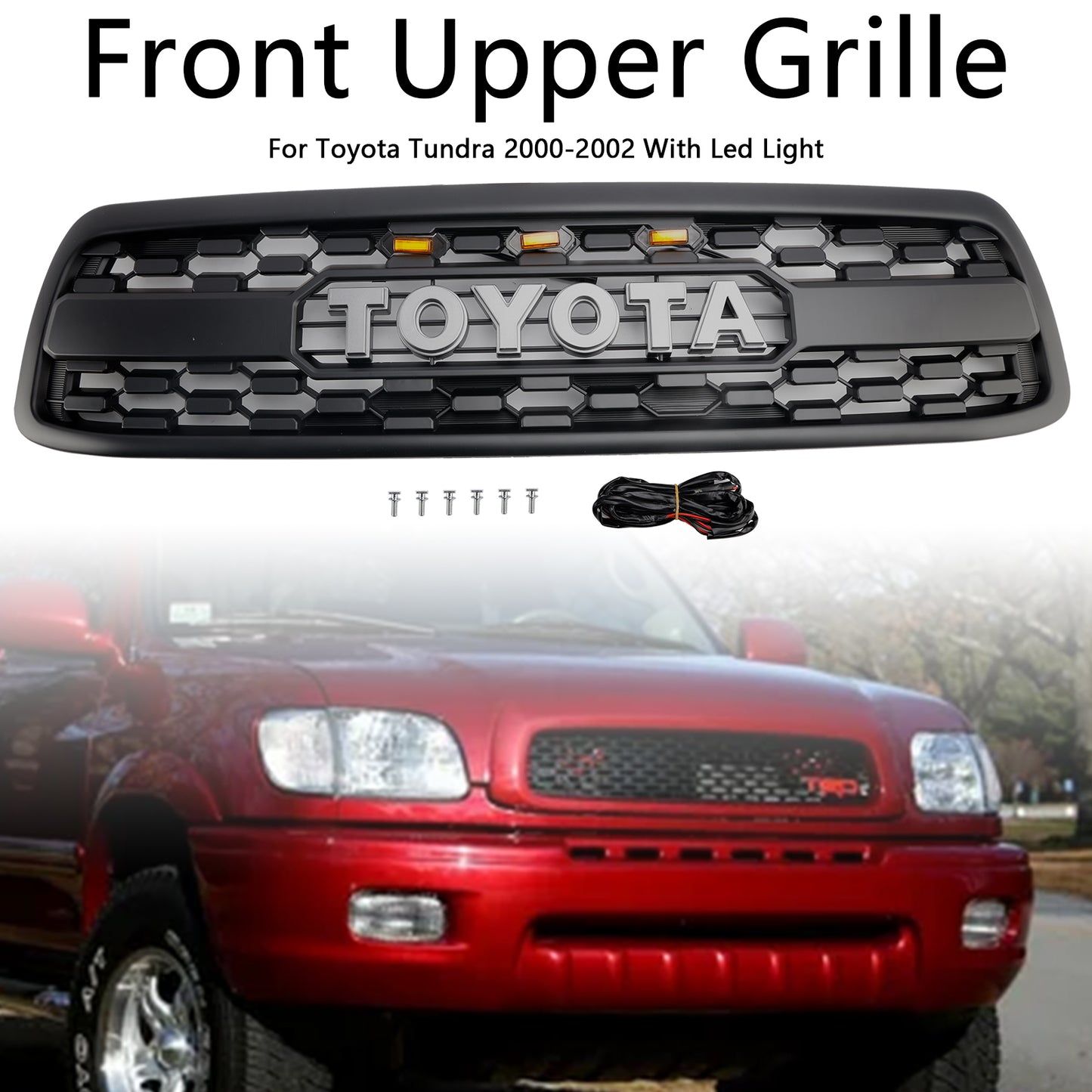 2000-2002 Toyota Tundra Matte Black Front Bumper Grill Grille W/Led