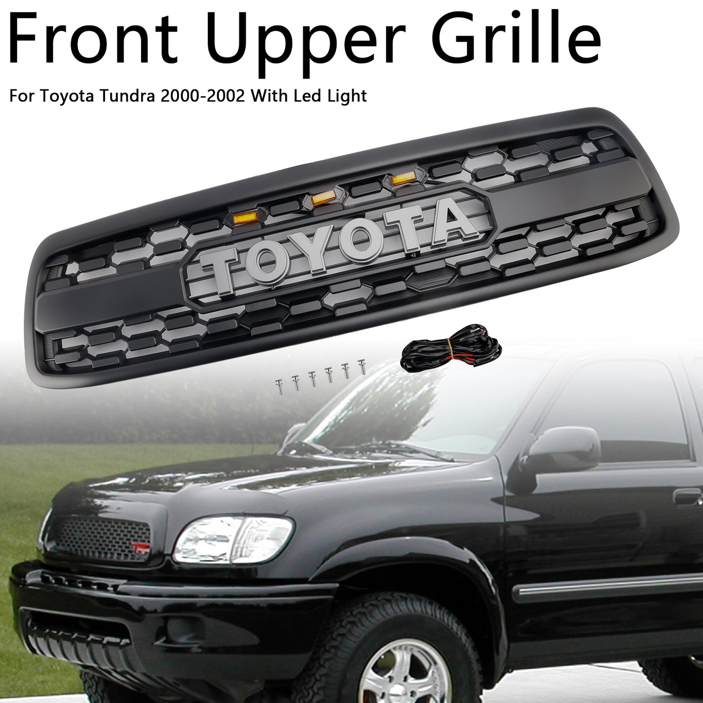 2000-2002 Toyota Tundra Matte Black Front Bumper Grill Grille W/Led