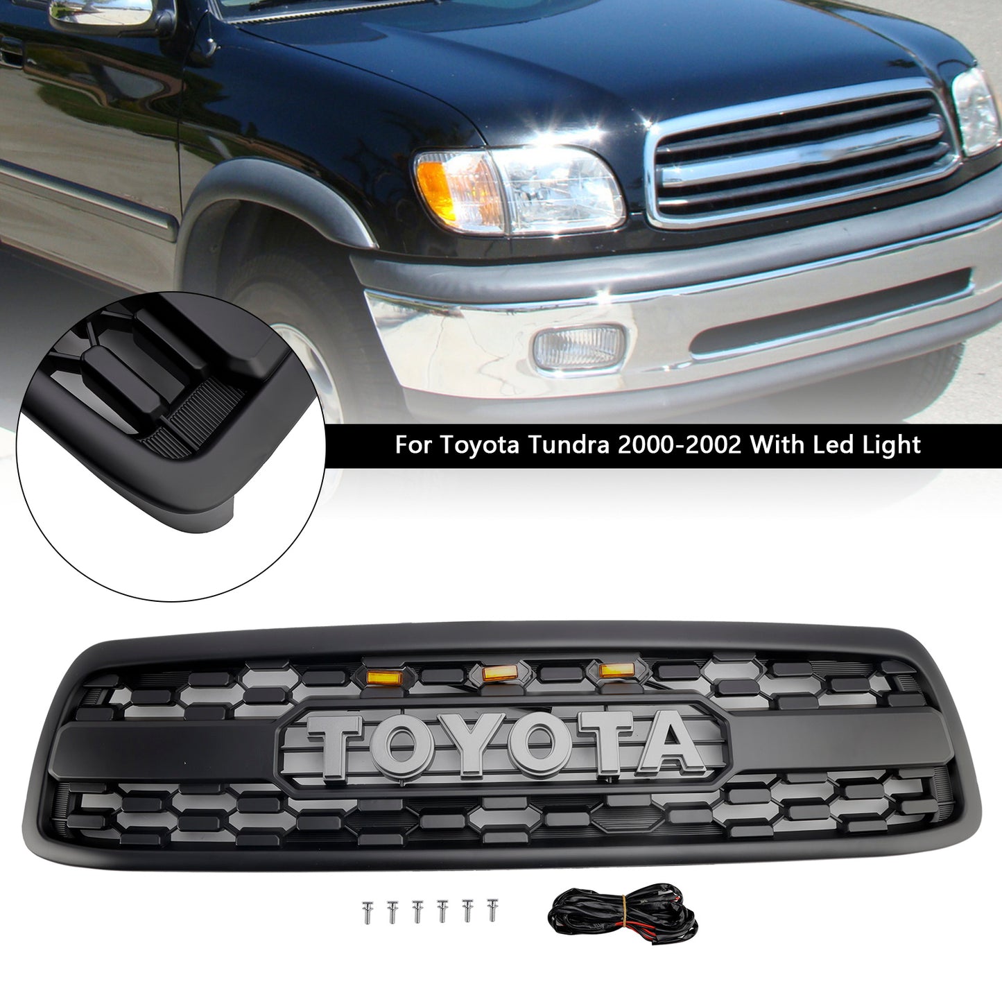 2000-2002 Toyota Tundra Matte Black Front Bumper Grill Grille W/Led