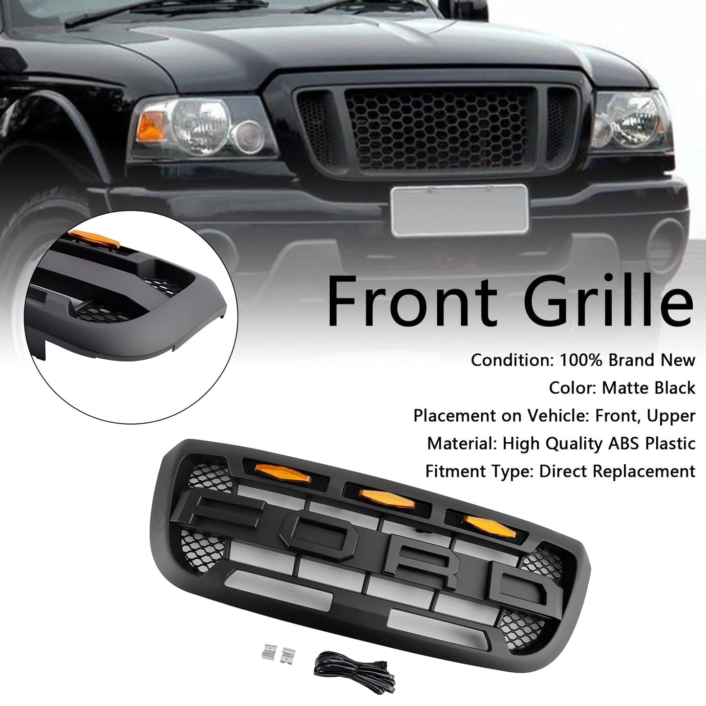 2004-2011 Ford Ranger Matt Black Front Bumper Grill Grille With Led Light