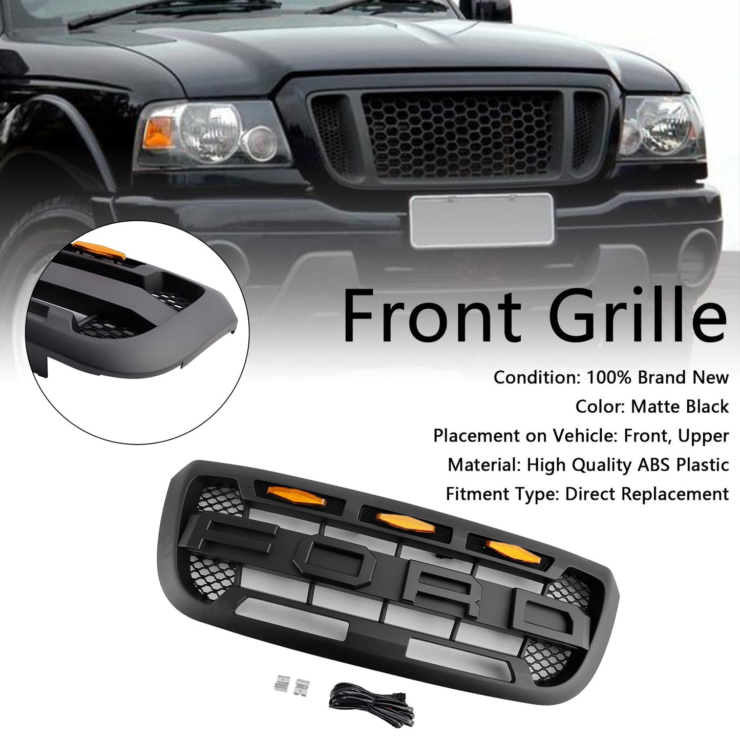 2004-2011 Ford Ranger Raptor Style Grill Front Bumper Matte Black Grille W/ LED Light