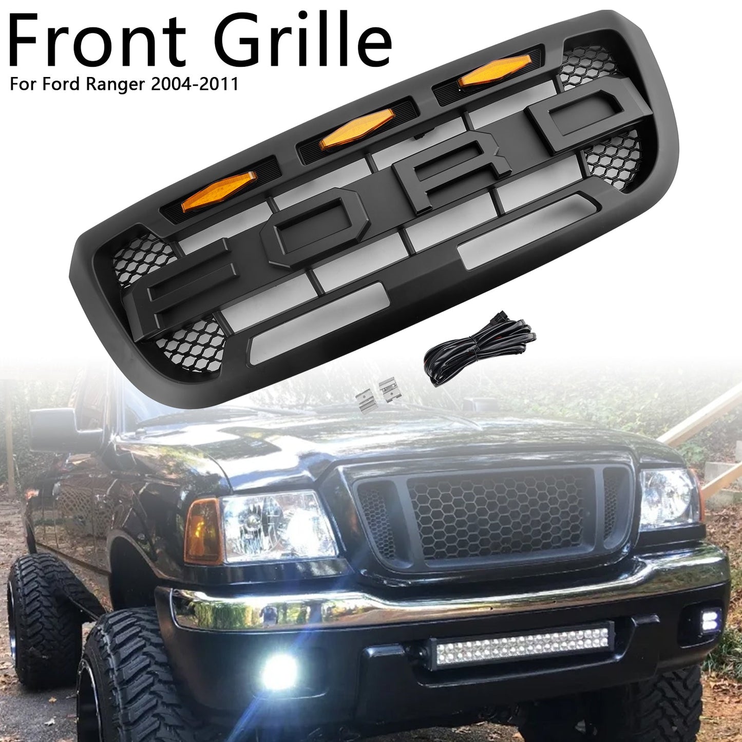 2004-2011  Ranger Ford Matt Black Front Bumper Grill Grille With Led Light Generic