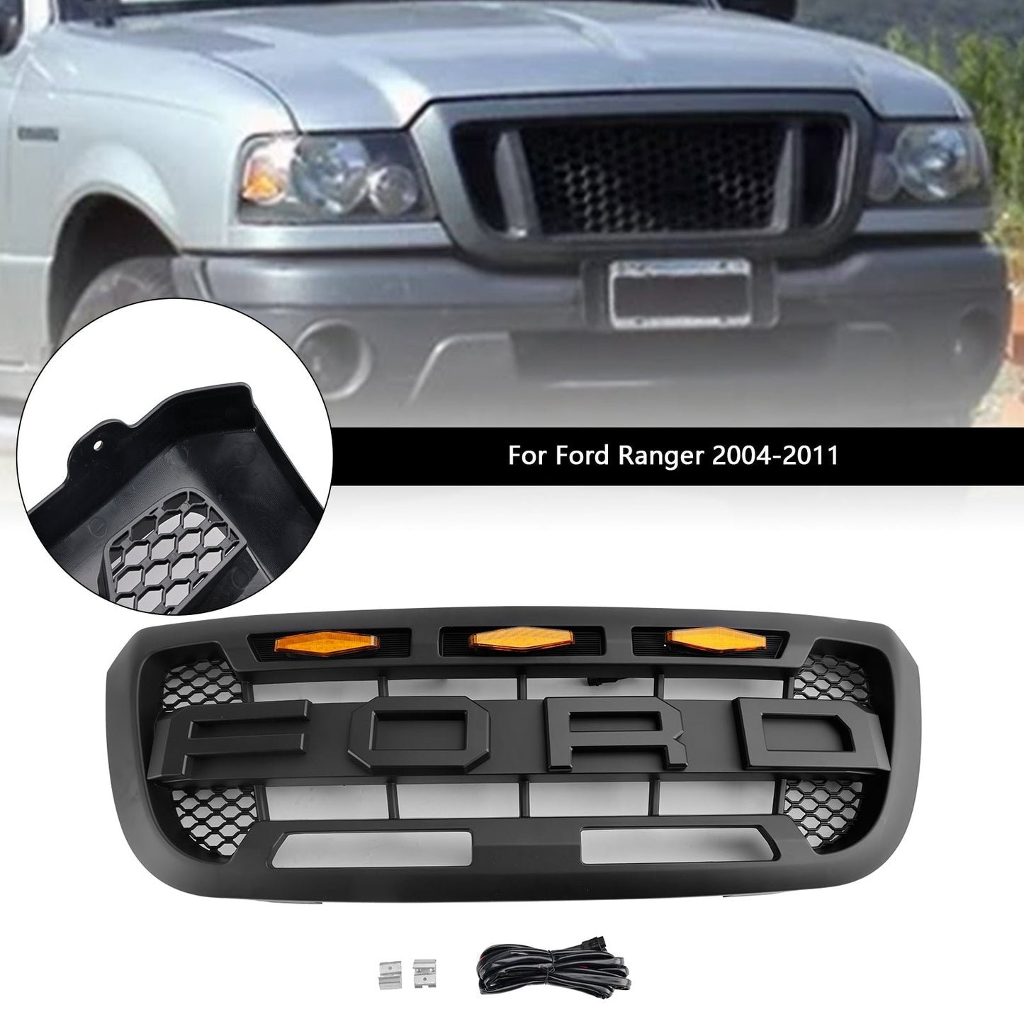2004-11 Ford Ranger Matt Black Front Bumper Grill Grille With Led Light