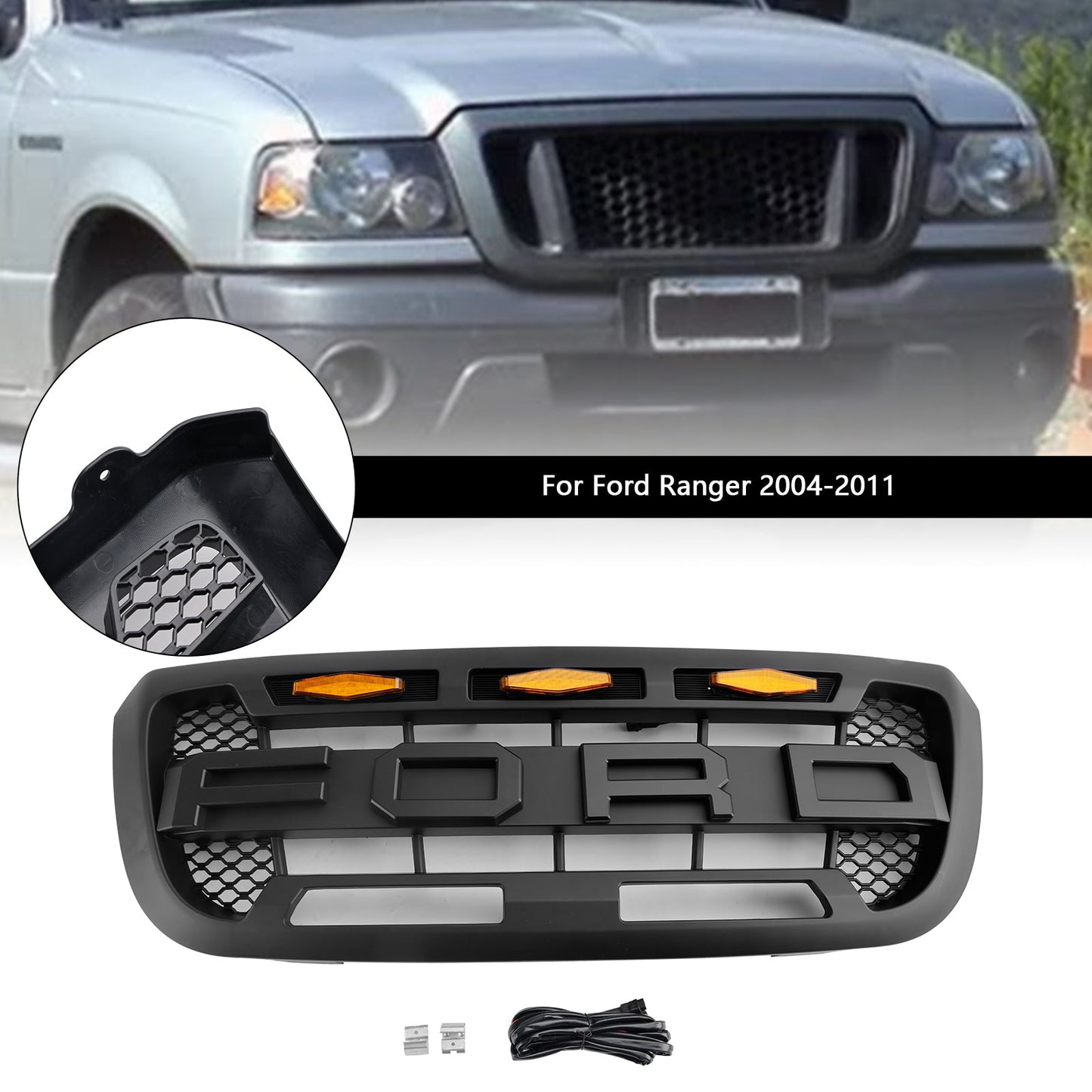 2004-2011 Ford Ranger Raptor Style Grill Front Bumper Matte Black Grille W/ LED Light