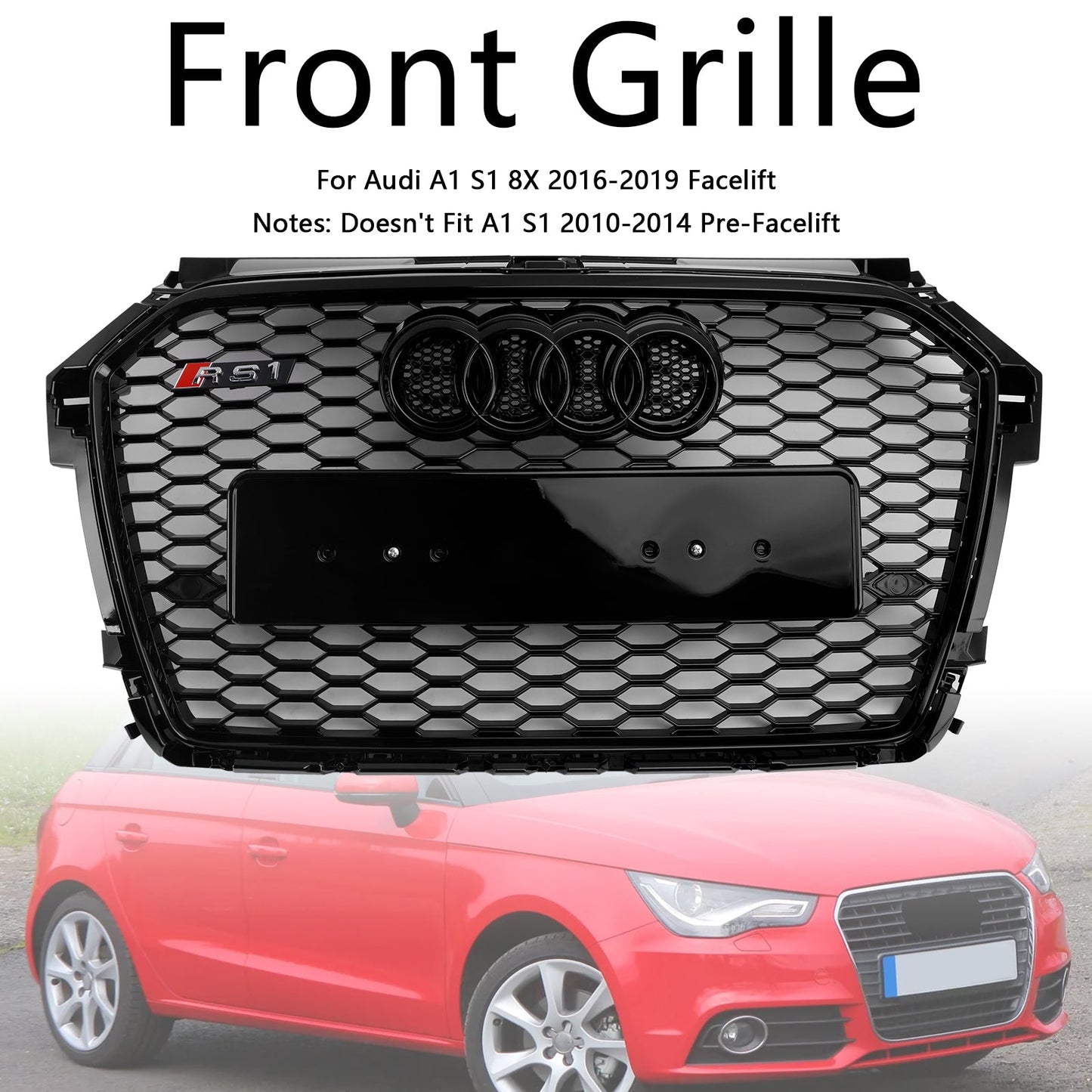 2014 2015 2016 2017 2018 2019 Audi A1 / A1 Sline / S1 8X Honeycomb / Slat Front Grille Air Intake Radiator Black RS Grill W/ Audi Rings