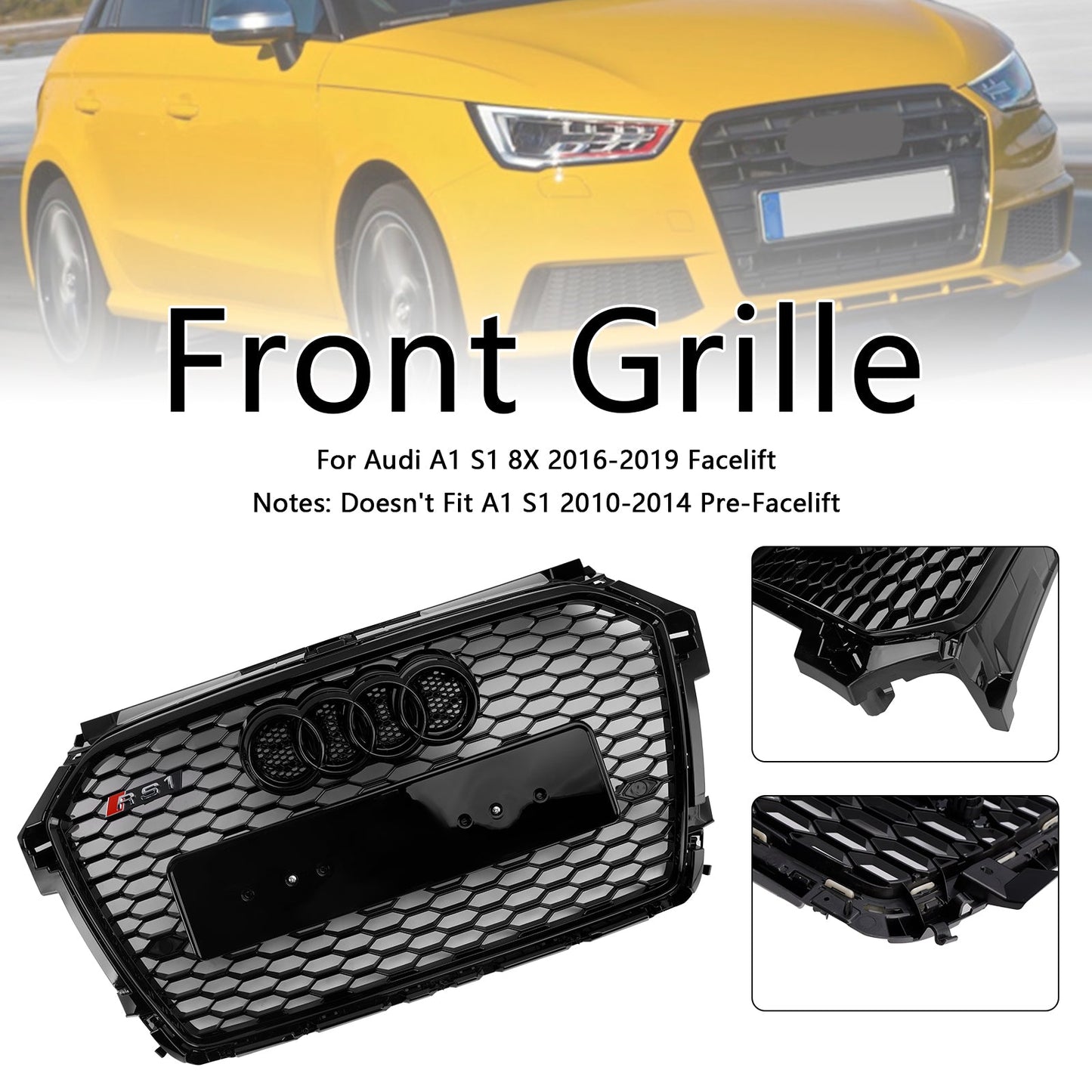 2014 2015 2016 2017 2018 2019 Audi A1 / A1 Sline / S1 8X Honeycomb / Slat Front Grille Air Intake Radiator Black RS Grill W/ Audi Rings