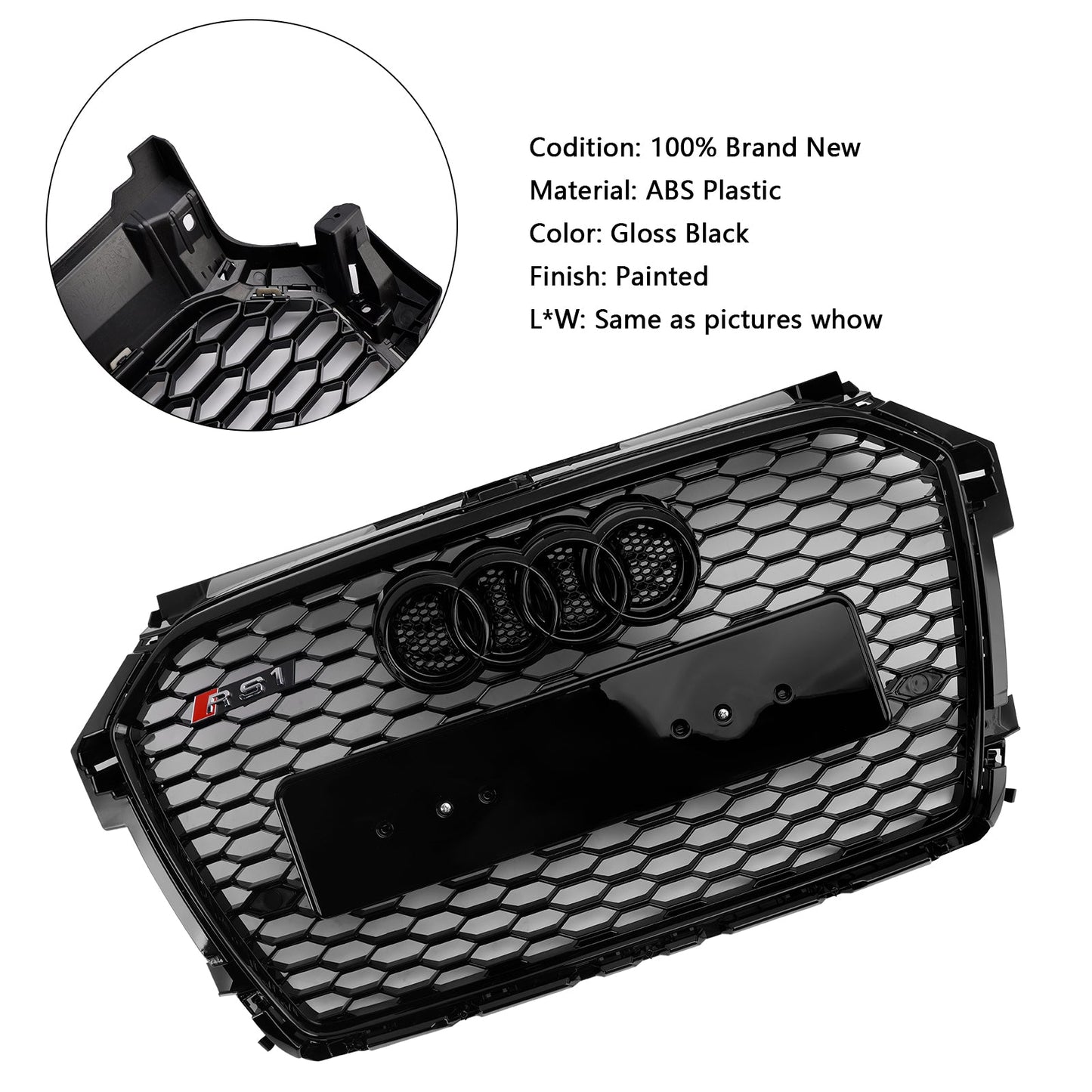 2014-2019 Audi A1 / S1 8X RS Style Grille Front Bumper Honeycomb Mesh Glossy Black Grille