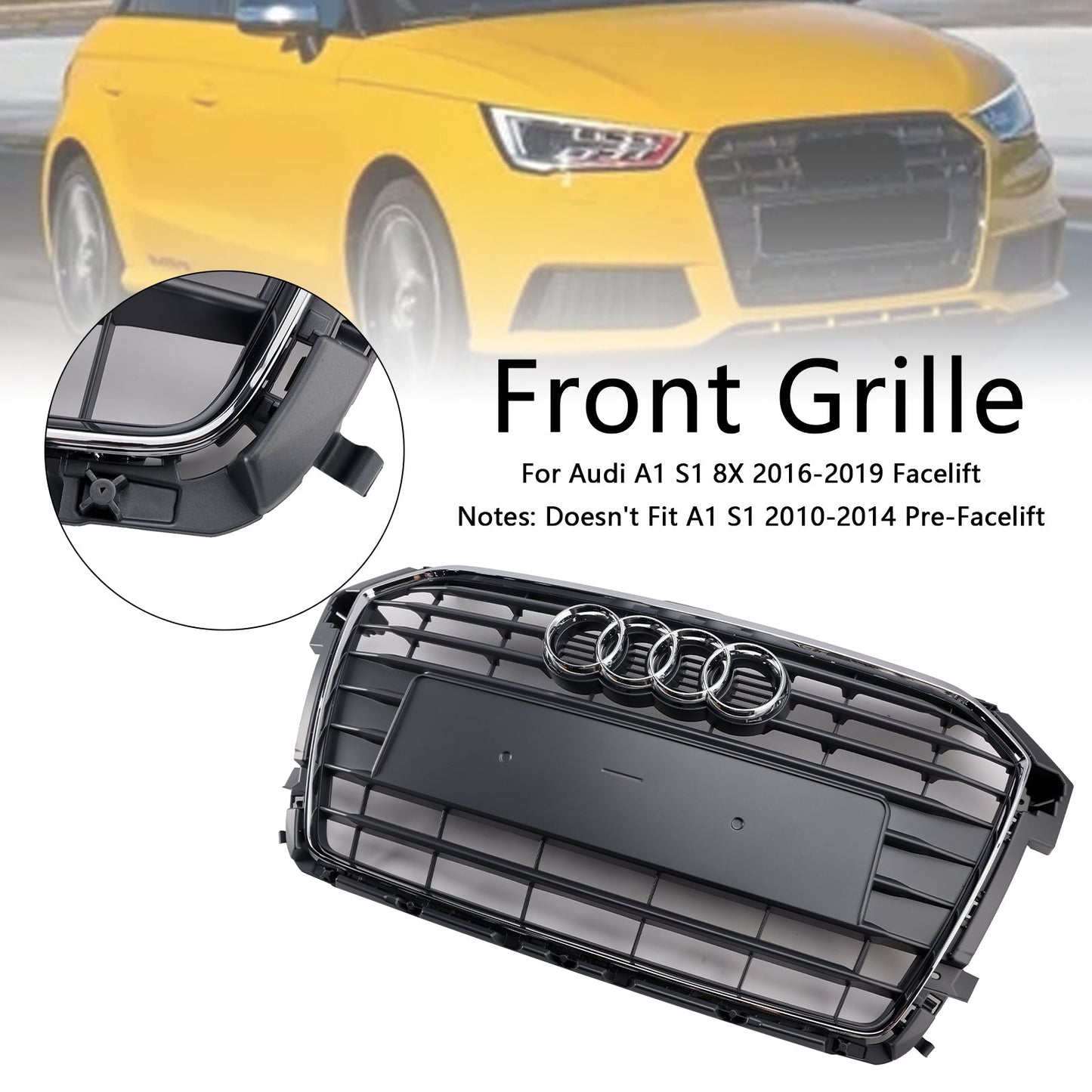 2014 2015 2016 2017 2018 2019 Audi A1 / A1 Sline / S1 8X Honeycomb / Slat Front Grille Air Intake Radiator Black RS Grill W/ Audi Rings
