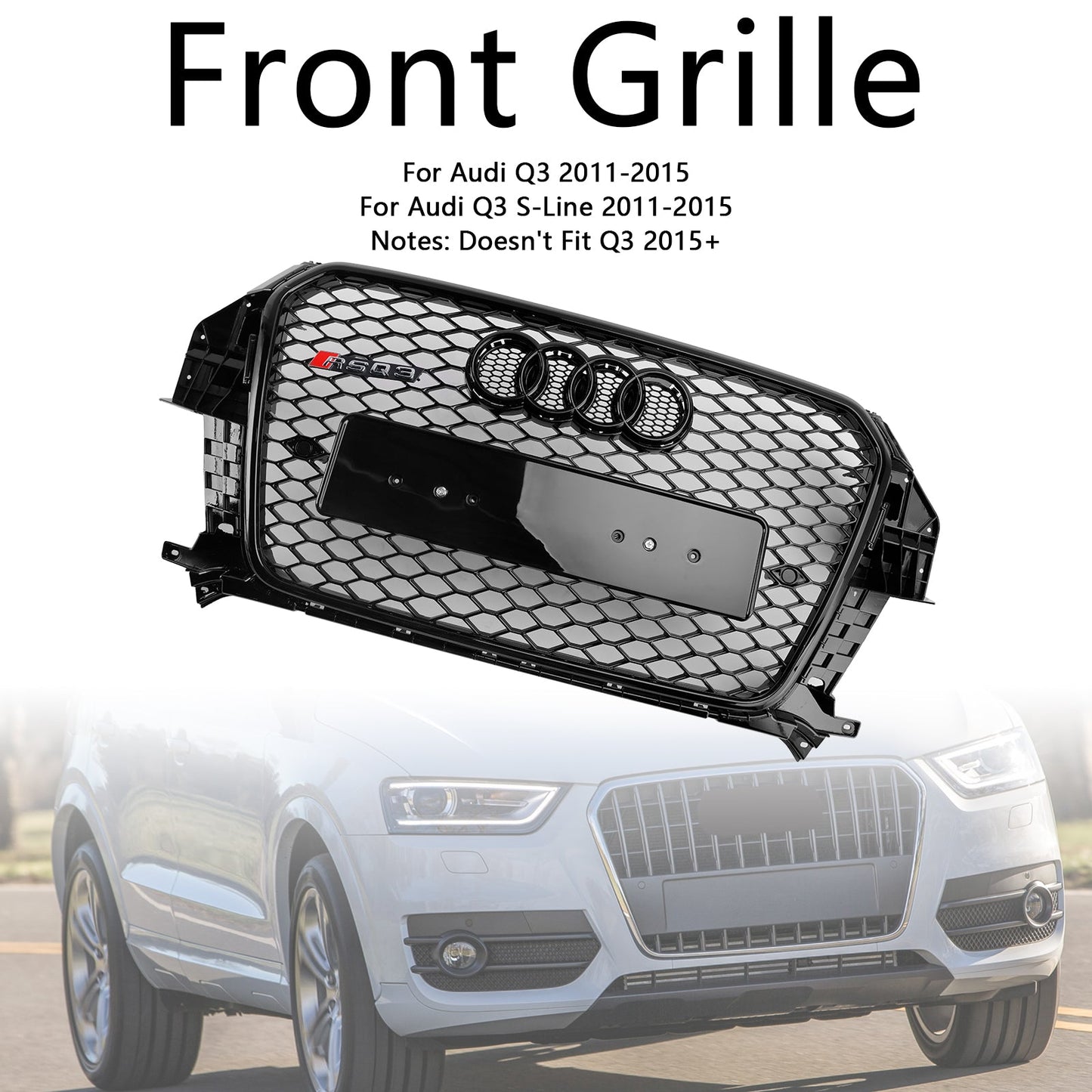 2011-2014 Audi Q3 RSQ3 Style Grille Gloss Black Front Bumper Honeycomb Mesh Grille With Ring Emblem