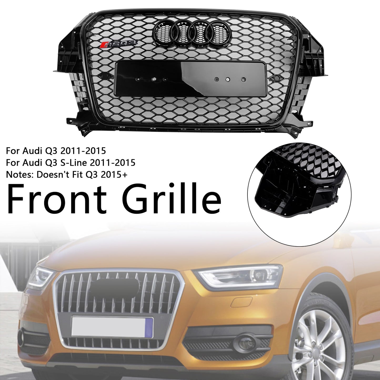 2011-2014 Audi Q3 RSQ3 Style Grille Gloss Black Front Bumper Honeycomb Mesh Grille With Ring Emblem