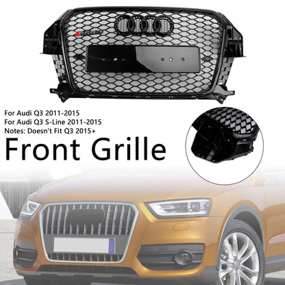 2011-2014 Audi Q3 RSQ3 Style Grille Gloss Black Front Bumper Honeycomb Mesh Grille With Ring Emblem