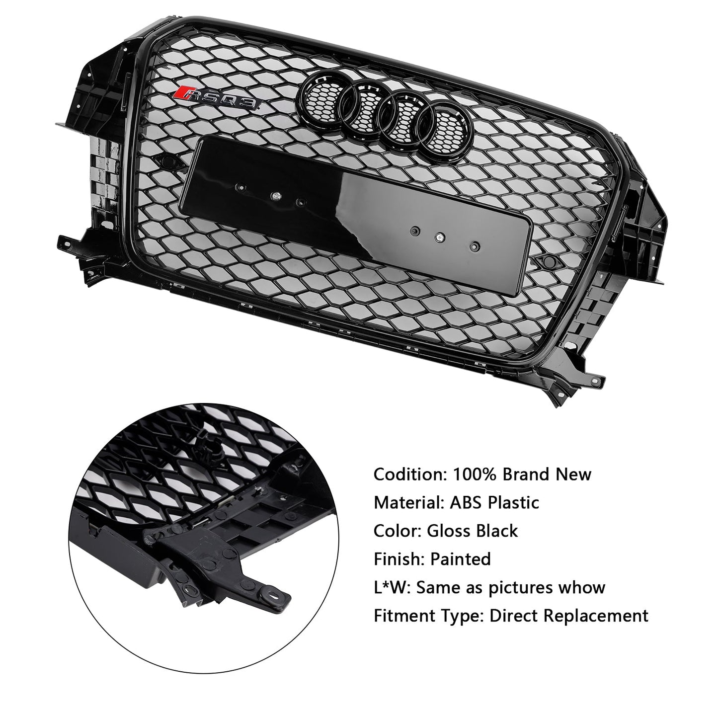 2011-2014 Audi Q3 RSQ3 Style Grille Gloss Black Front Bumper Honeycomb Mesh Grille With Ring Emblem