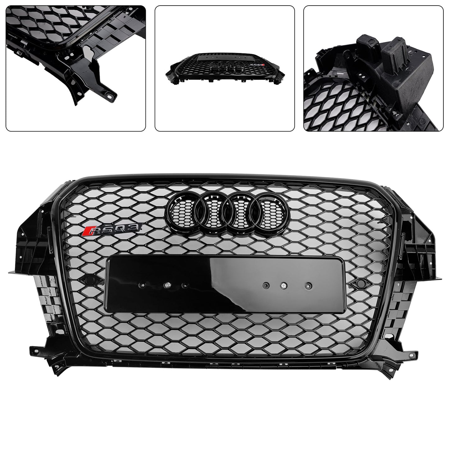 2011-2014 Audi Q3 RSQ3 Style Grille Gloss Black Front Bumper Honeycomb Mesh Grille With Ring Emblem