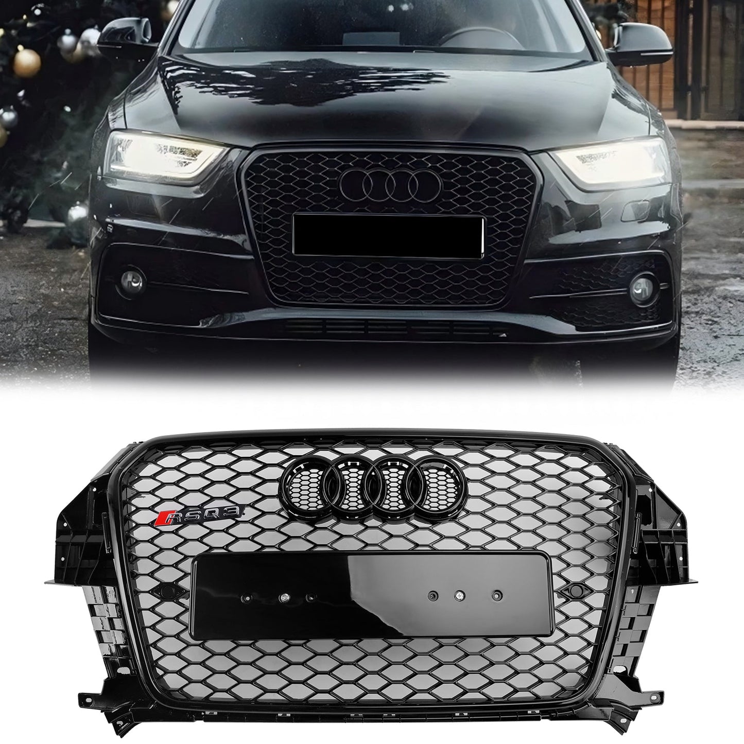 2011-2014 Audi Q3 RSQ3 Style Grille Gloss Black Front Bumper Honeycomb Mesh Grille With Ring Emblem