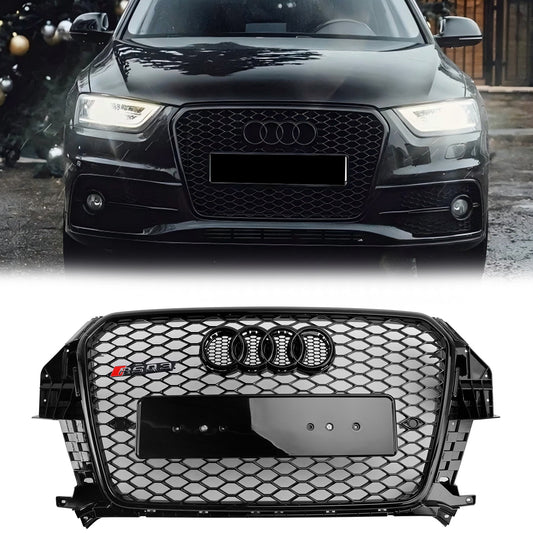 2011-2014 Audi Q3 RSQ3 Style Grille Gloss Black Front Bumper Honeycomb Mesh Grille With Ring Emblem