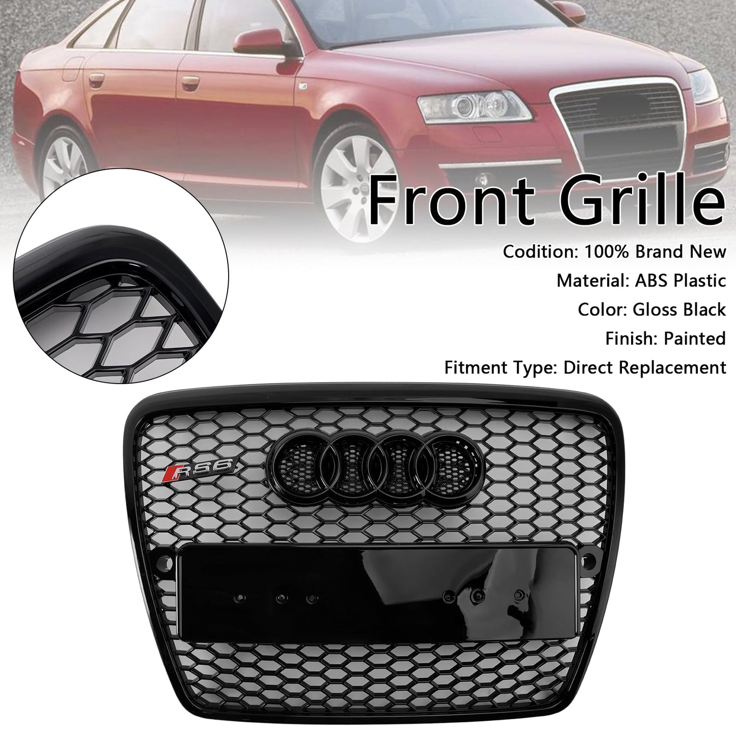 2004-2008 Audi A6 C6 Glossy Black Front Honeycomb Bumper Grill W/ Ring Emblem RS6 Style Grille