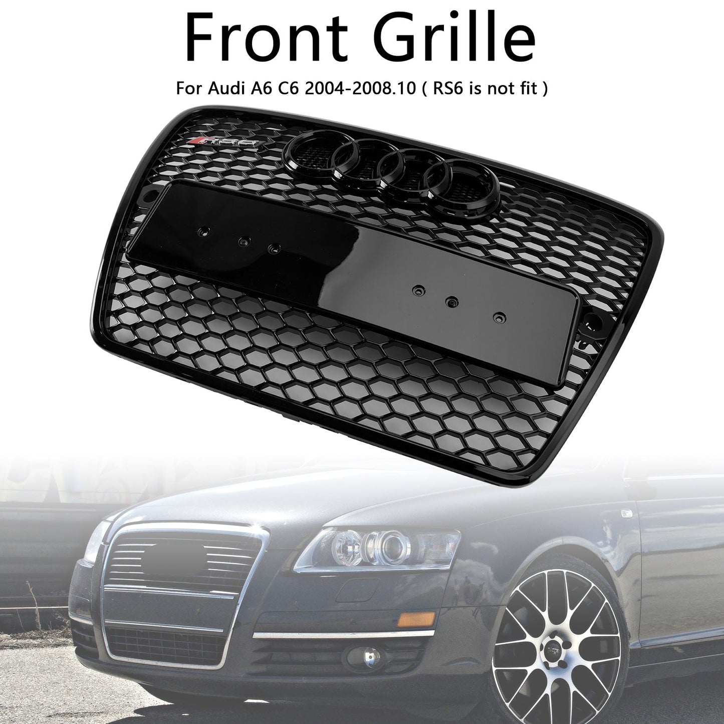 2004-2008 Audi A6 C6 Glossy Black Front Honeycomb Bumper Grill W/ Ring Emblem RS6 Style Grille