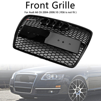 2004-2008 Audi A6 C6 Glossy Black Front Honeycomb Bumper Grill W/ Ring Emblem RS6 Style Grille