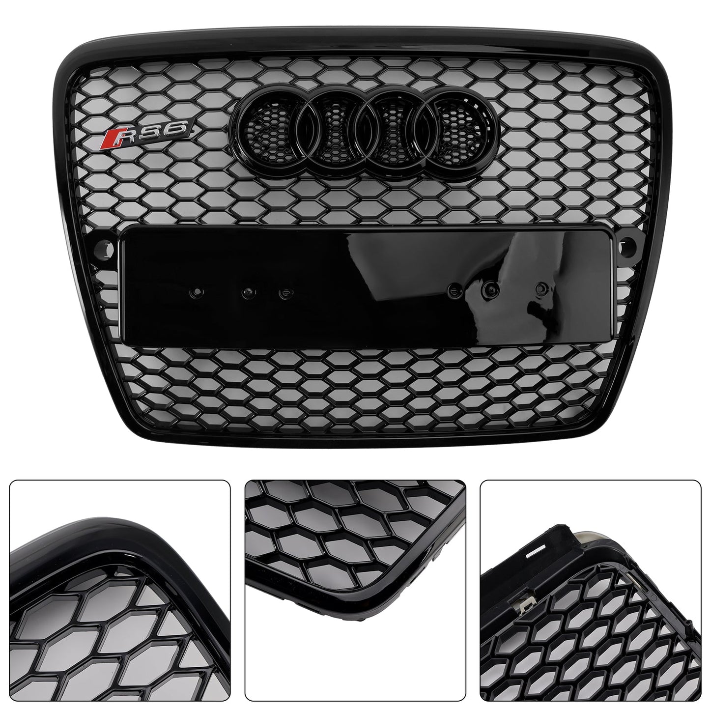 2004-2008 Audi A6 C6 Glossy Black Front Honeycomb Bumper Grill W/ Ring Emblem RS6 Style Grille