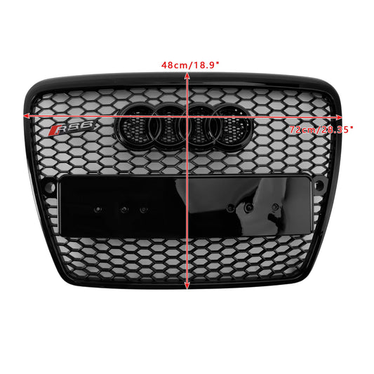 2004-2008 Audi A6 C6 Glossy Black Front Honeycomb Bumper Grill W/ Ring Emblem RS6 Style Grille