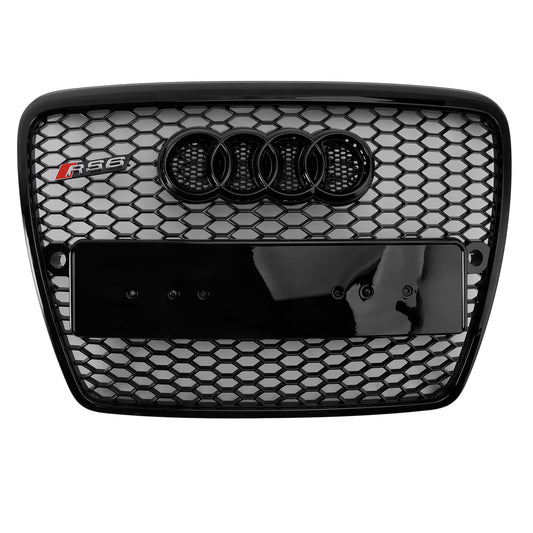 2004-2008 Audi A6 C6 Glossy Black Front Honeycomb Bumper Grill W/ Ring Emblem RS6 Style Grille