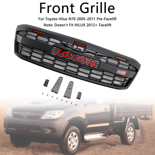 Toyota Hilux 2005-2011 N70 GR Style Grill Front Bumper Matte Black Replacement Grille W/ LED + Red Letter
