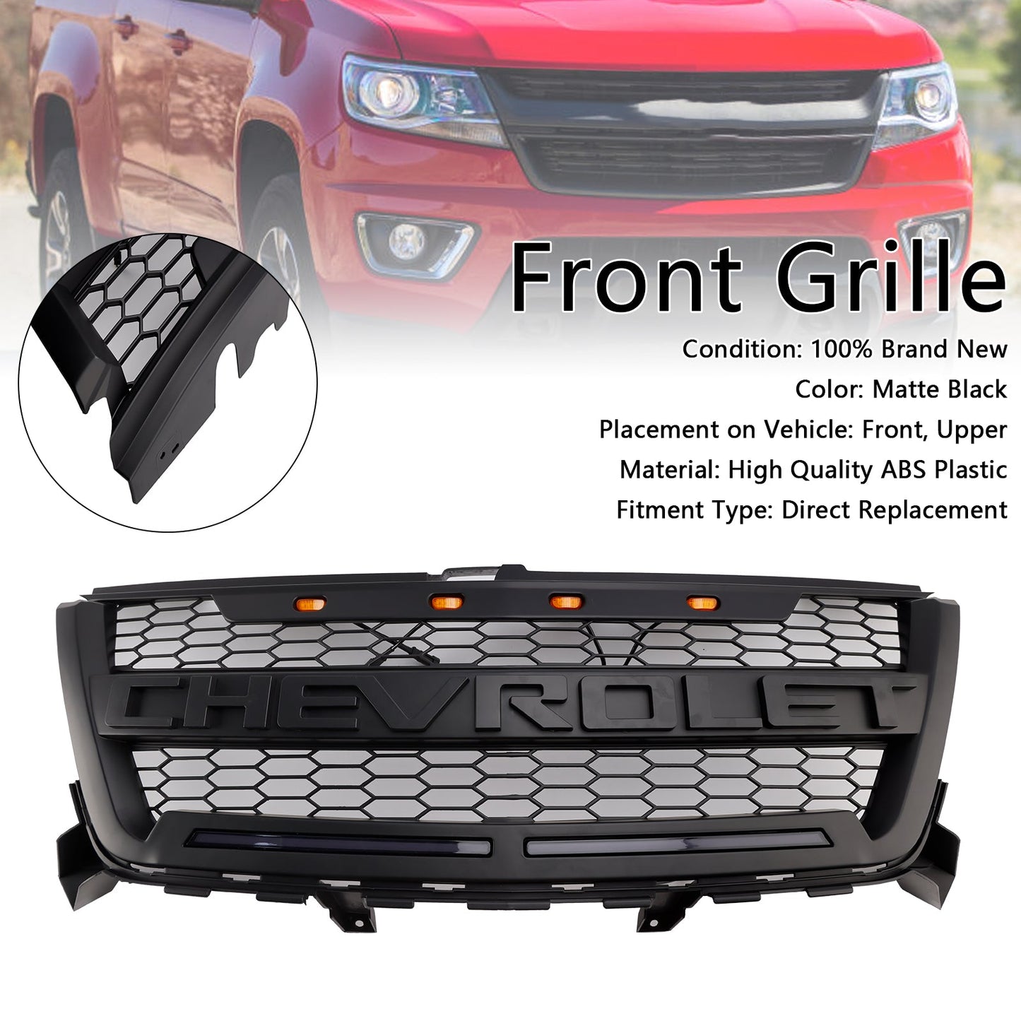 2016-2020 Chevrolet Colorado Matte Black Front Grill Upper Bumper Honeycomb Grille With LED Light