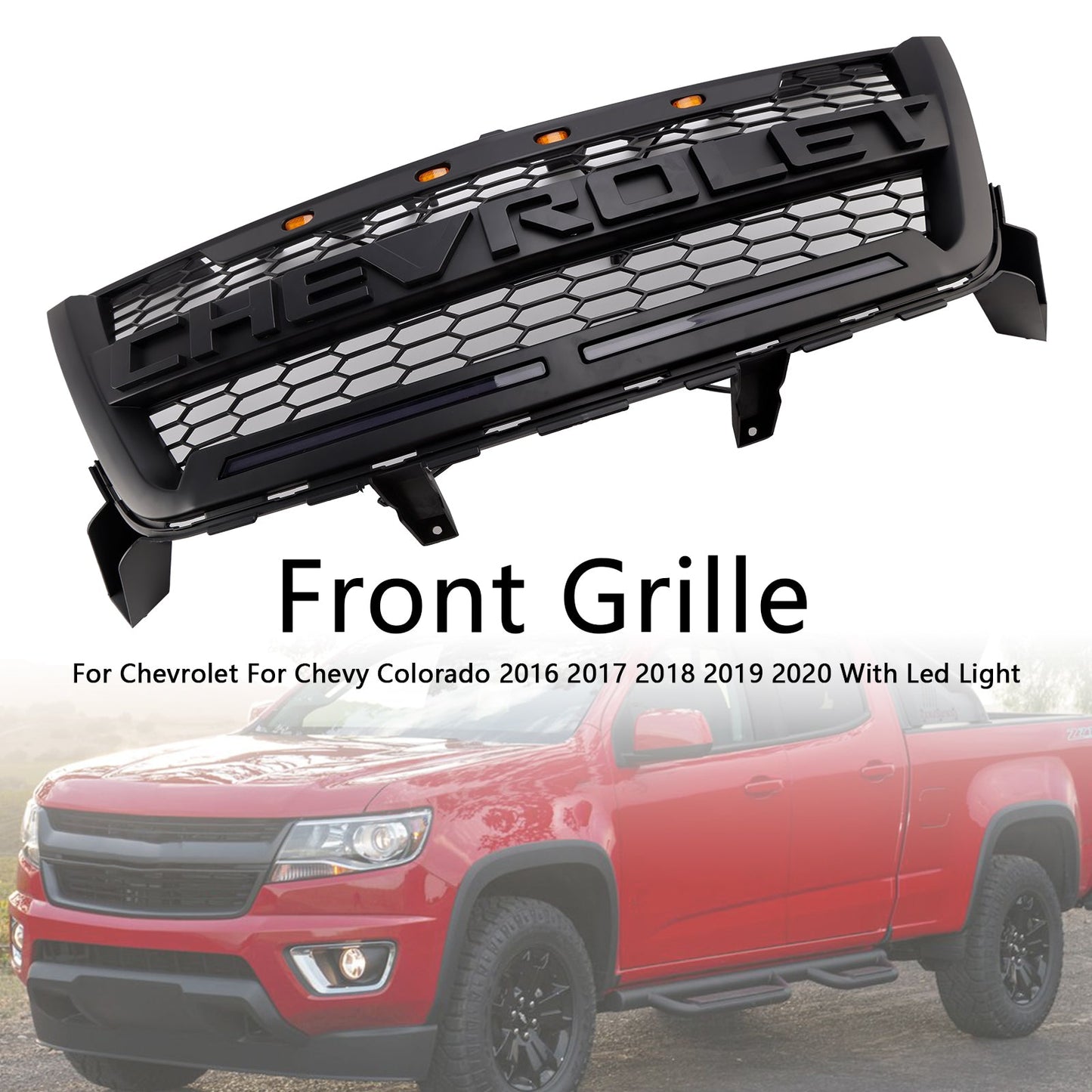 2016-2020 Chevrolet Colorado Matte Black Front Grill Upper Bumper Honeycomb Grille With LED Light