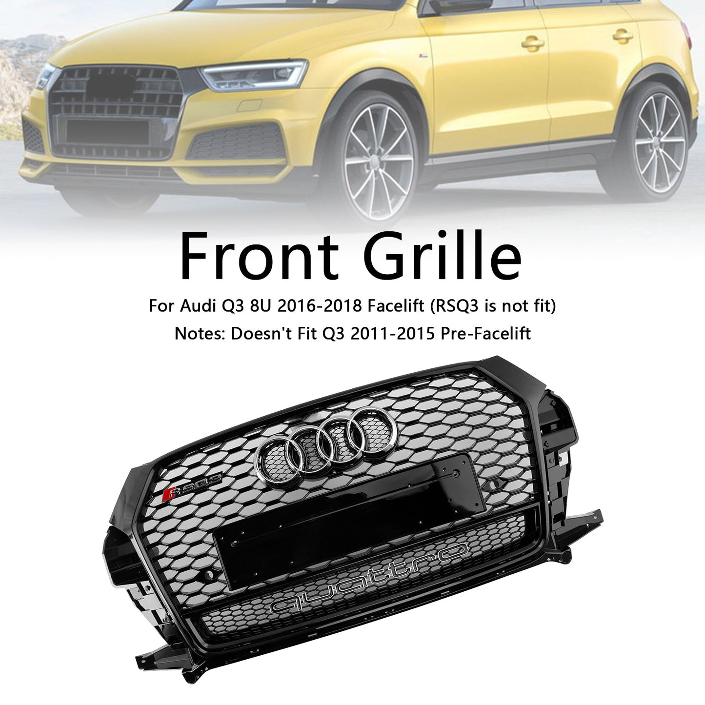 2016-2018 Audi Q3 / SQ3 RSQ3 Style Honeycomb Grill Front  Bumper Replacement Black Grille W/ Ring Embelm