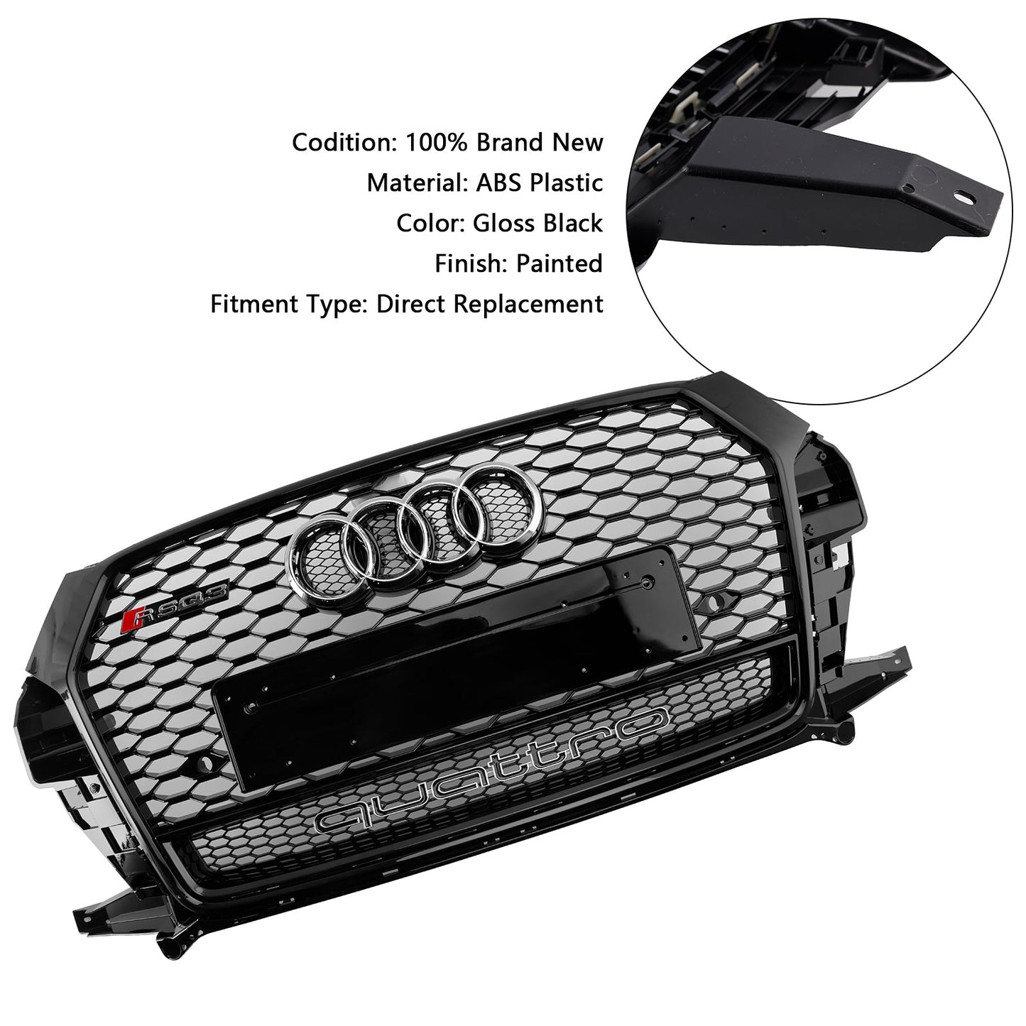 2016-2018 Audi Q3 / SQ3 RSQ3 Style Honeycomb Grill Front  Bumper Replacement Black Grille W/ Ring Embelm