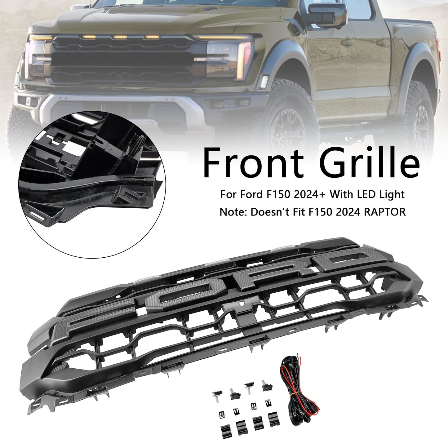 2024-2026 Ford F150 Lariat / King Ranch / Platinum Raptor Style Grille Front Bumper Black Grille W/ LED