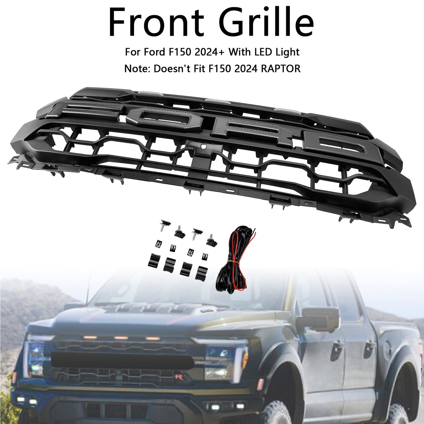 Ford F150 2024 2025 Black Grille Front Bumper Raptor Style Grill W/ LED Light & Letter