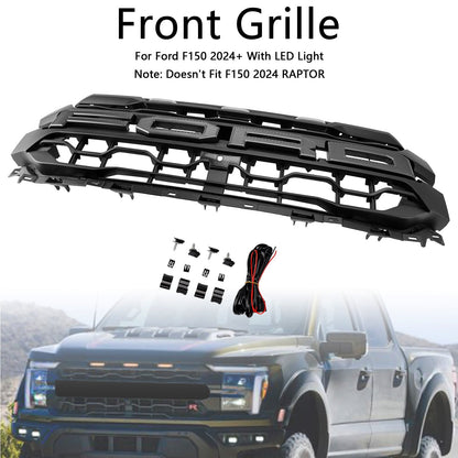 Ford F150 2024 2025 Black Grille Front Bumper Raptor Style Grill W/ LED Light & Letter