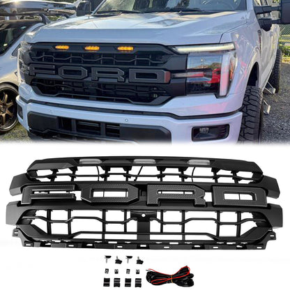 2024-2026 Ford F150 Lariat / King Ranch / Platinum Raptor Style Grille Front Bumper Black Grille W/ LED