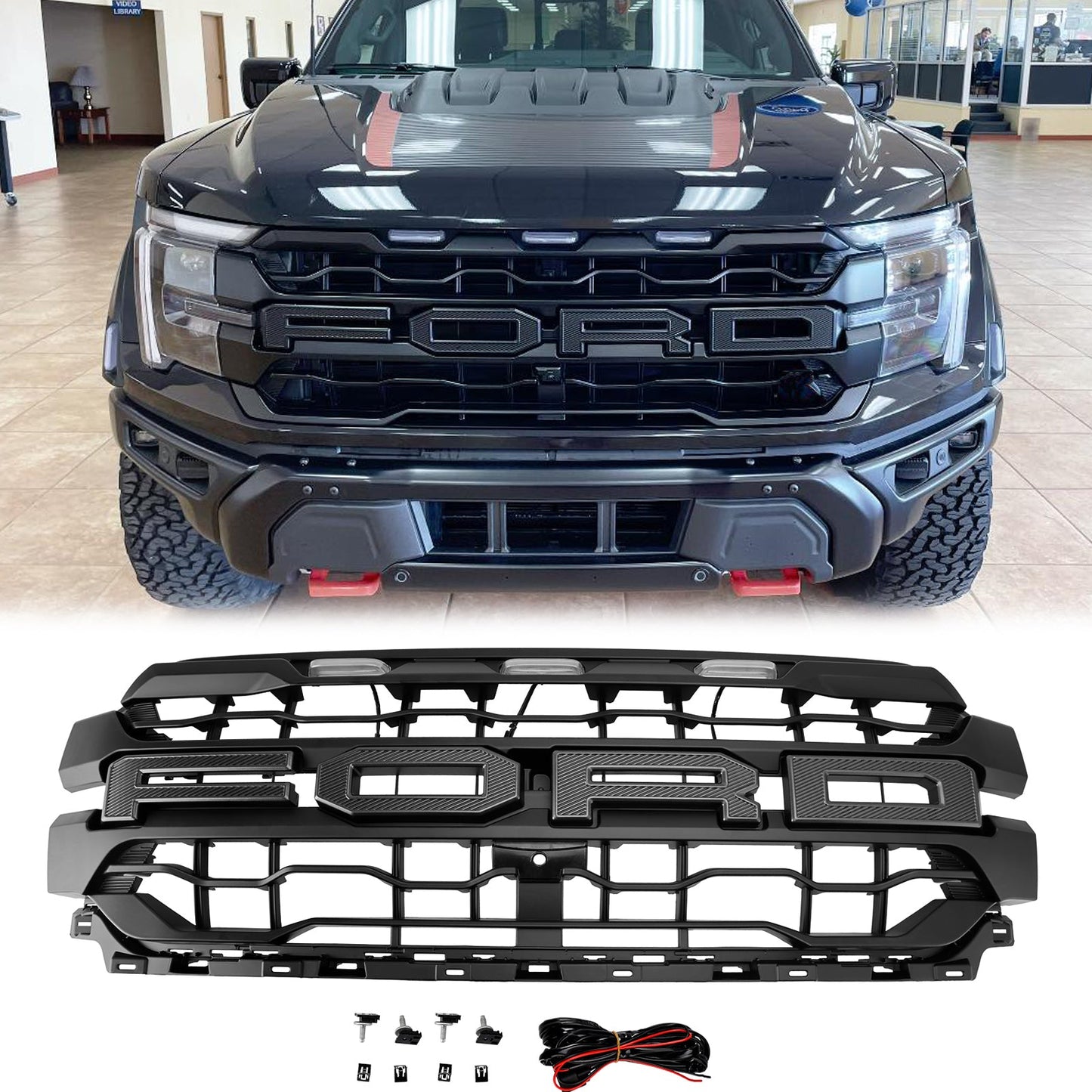 Ford F150 2024 2025 Black Grille Front Bumper Raptor Style Grill W/ LED Light & Letter