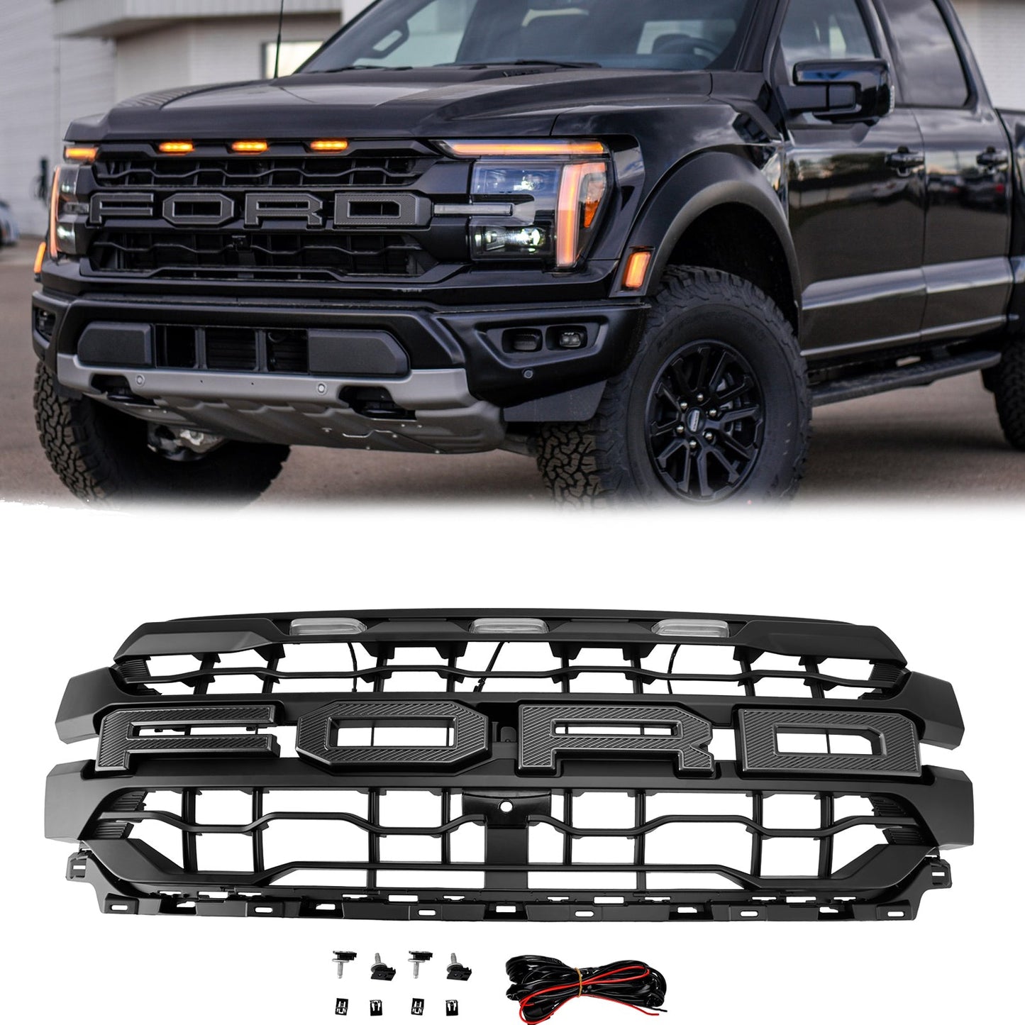 2024-2025 Ford F150 Raptor Style Front Grill Upper Bumper Black Grille W/ LED Light & Letter